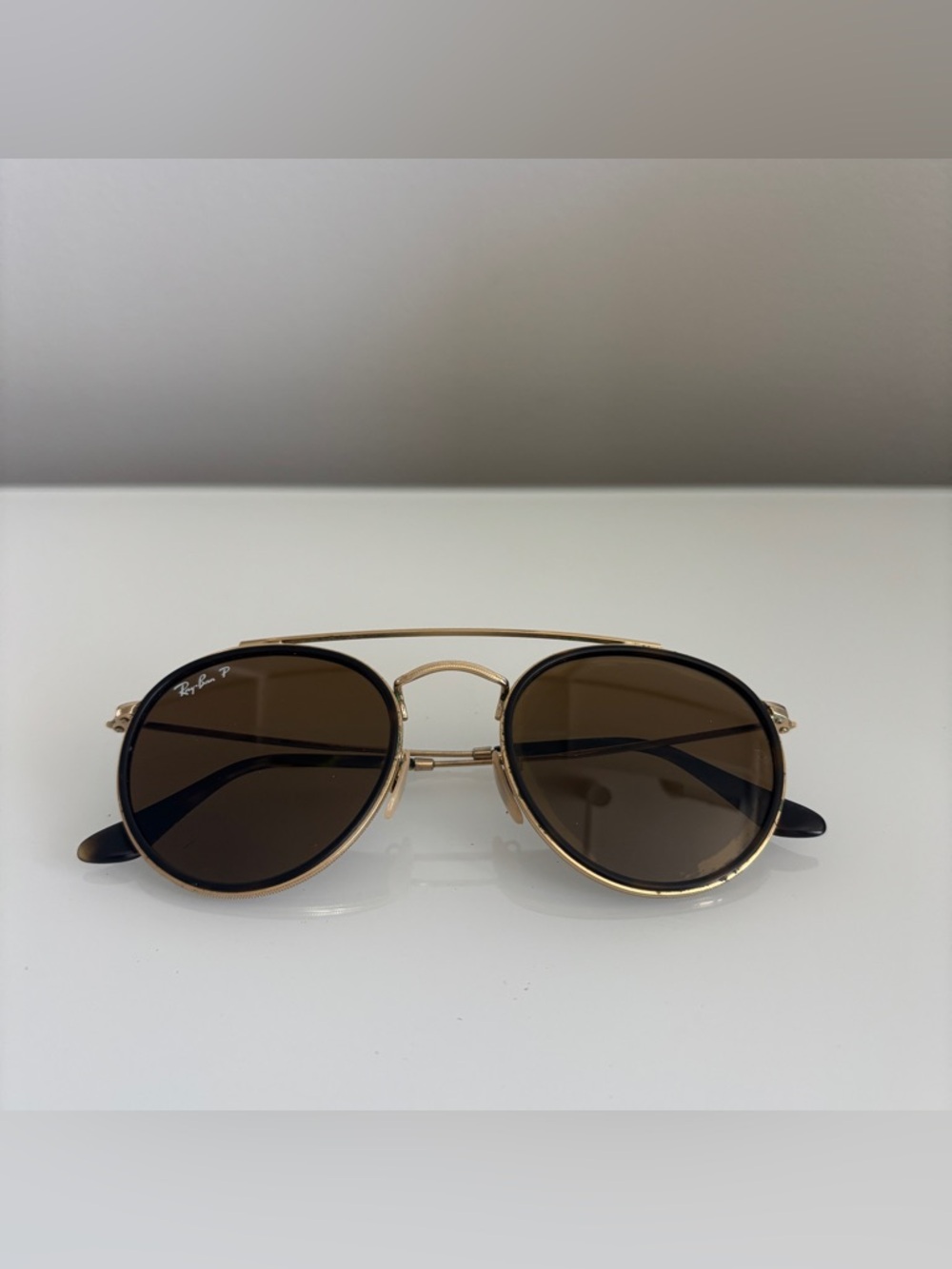 Ray-Ban Gold Frame Round Double Bridge Sunglasses - Brown Lenses